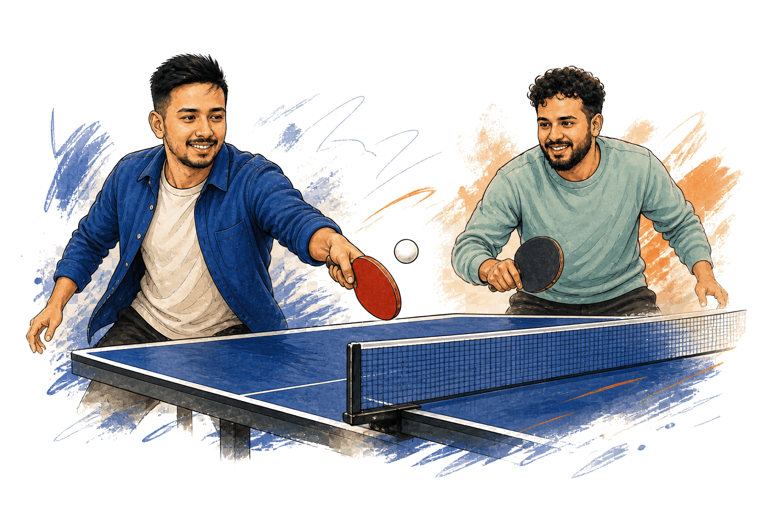 Two Vividia team members mid-rally at the table tennis table