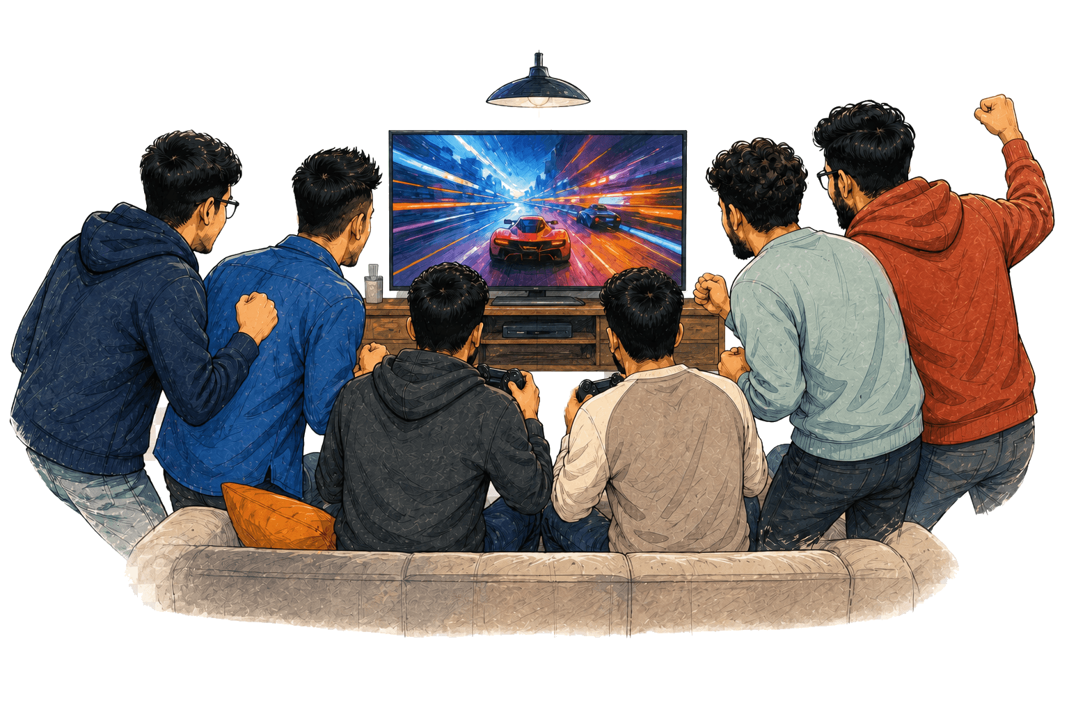 Two Vividia members playing a racing game while teammates cheer them on