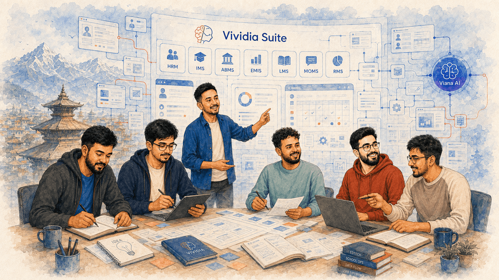 Six Vividia engineers collaborating in front of a full-width Vividia Suite system map